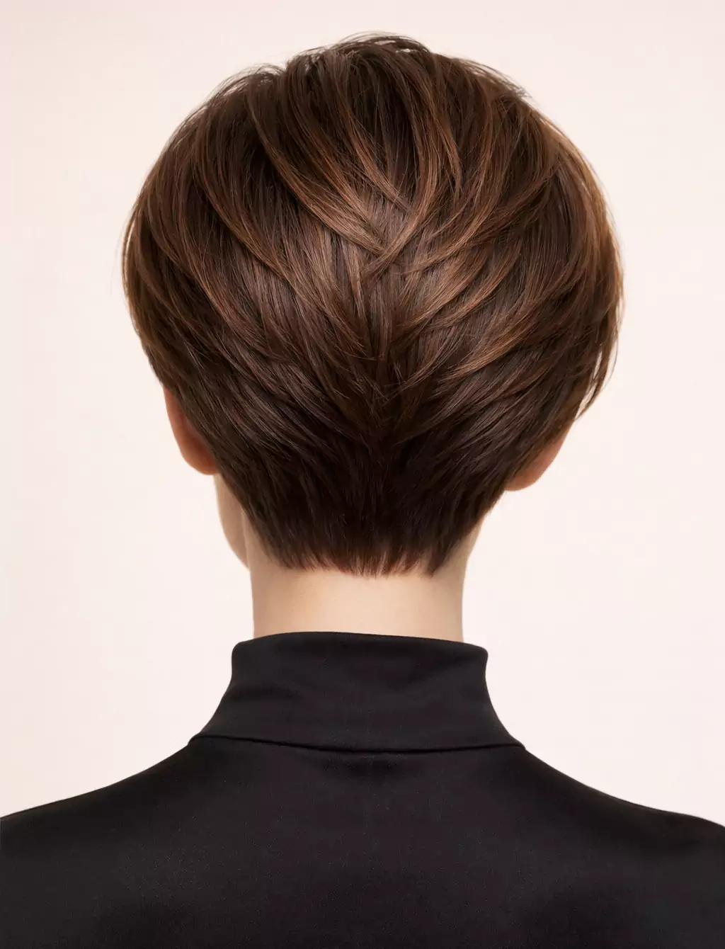 Stacked bob back view showing graduated layers and a tapered nape, high-detail salon look — image placeholder
