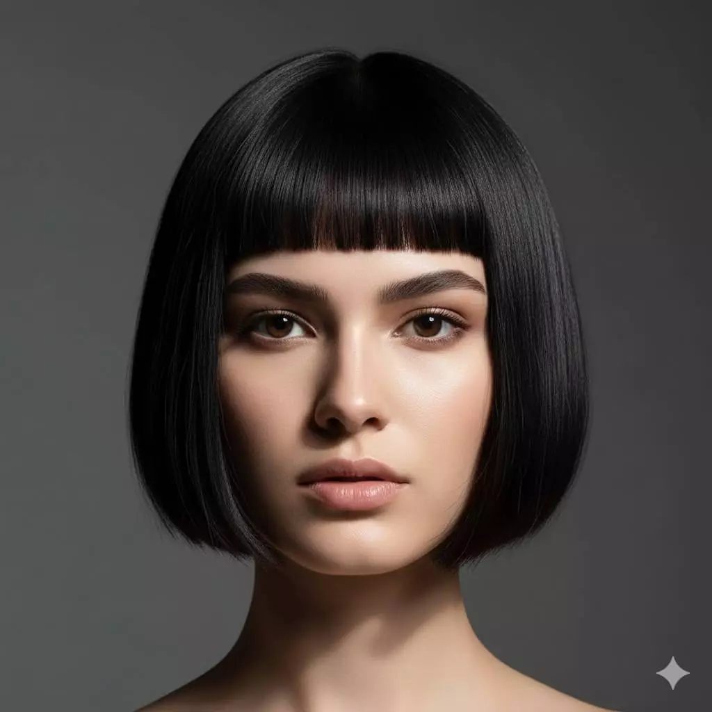 Bold portrait of a woman with straight dark hair in an ultra-short micro bob ending at lip level, paired with striking baby bangs cropped high above the eyebrows, delivering an edgy, fashion-forward, and high-impact 2026 statement look with minimalistic cool vibe.