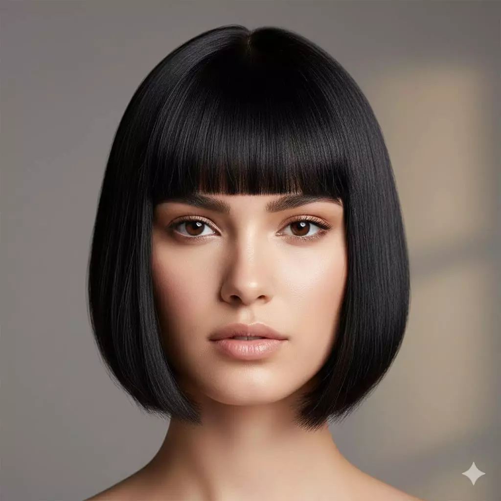 Front view of a woman with straight jet-black hair in a sharp jawline-length blunt bob, combined with dramatic thick blunt bangs cut straight across just above the eyebrows, delivering a bold, graphic, and ultra-sophisticated Parisian-inspired 2026 style with mirror-like shine and precise geometric lines.