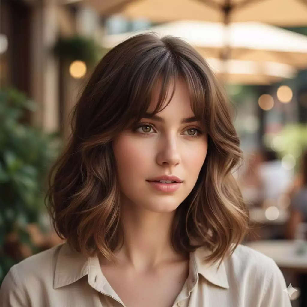 Portrait of a young Caucasian woman with soft, face-framing curtain bangs that part in the middle and gradually lengthen toward the sides, paired with a smooth chin-to-collarbone length bob on wavy brown hair, creating an effortless, romantic, and versatile 2026 boho-chic look with natural movement and subtle volume.