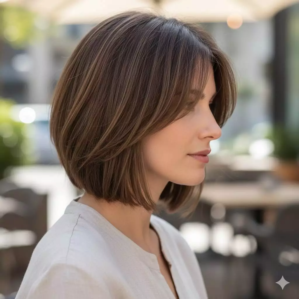 Side profile of a woman with softly layered medium-brown hair in a textured bob, featuring long angled side-swept bangs that sweep diagonally across the forehead, adding asymmetry and gentle face-slimming effect for a modern, low-maintenance 2026 everyday elegant look.