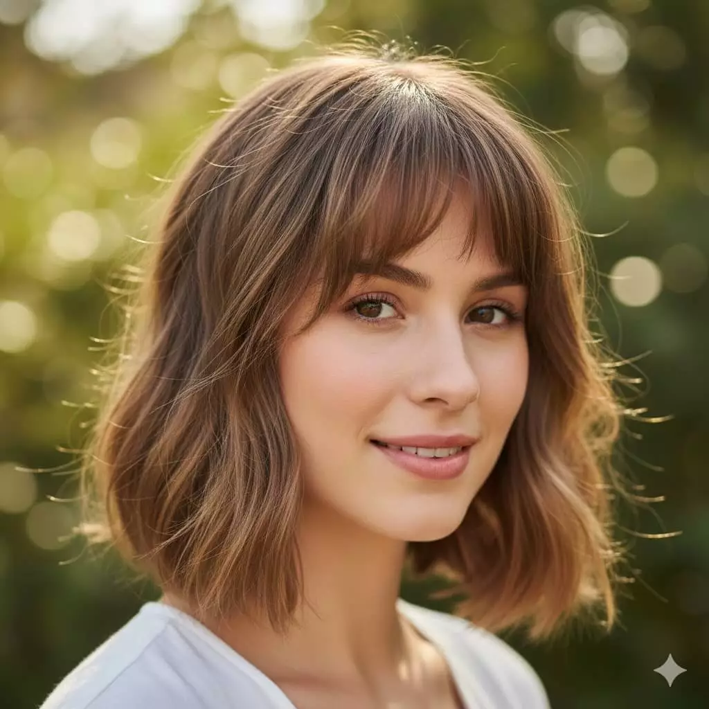 Close-up of a young woman with fine light-brown hair in a shoulder-grazing textured bob, accented by delicate airy wispy bangs that feather lightly across the forehead, creating a soft, whimsical, and effortlessly romantic 2026 style with natural movement and subtle beachy texture.
