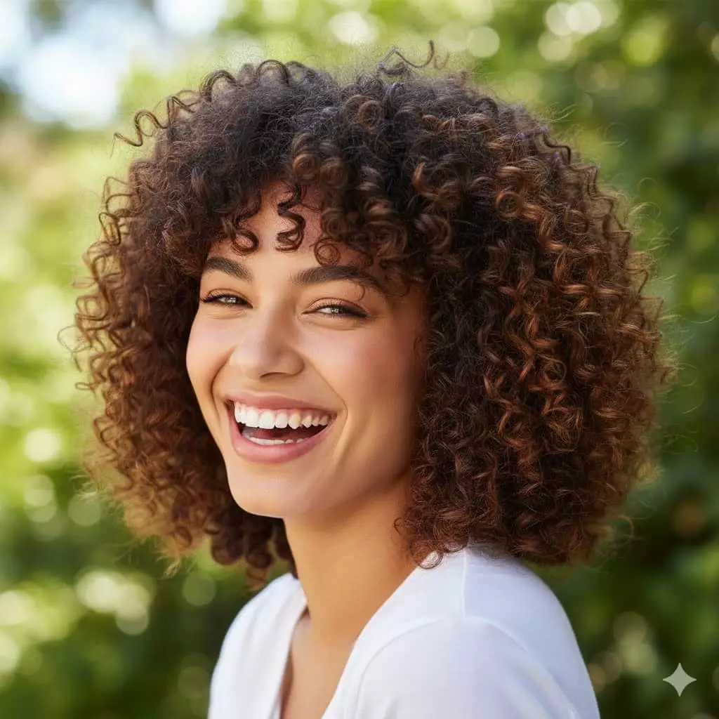Joyful portrait of a woman with thick natural curly hair in a shoulder-length bouncy bob, featuring defined curly bangs that blend seamlessly into the curls, showcasing a vibrant, playful, and texture-embracing 2026 look with volume, shine, and effortless curl definition.