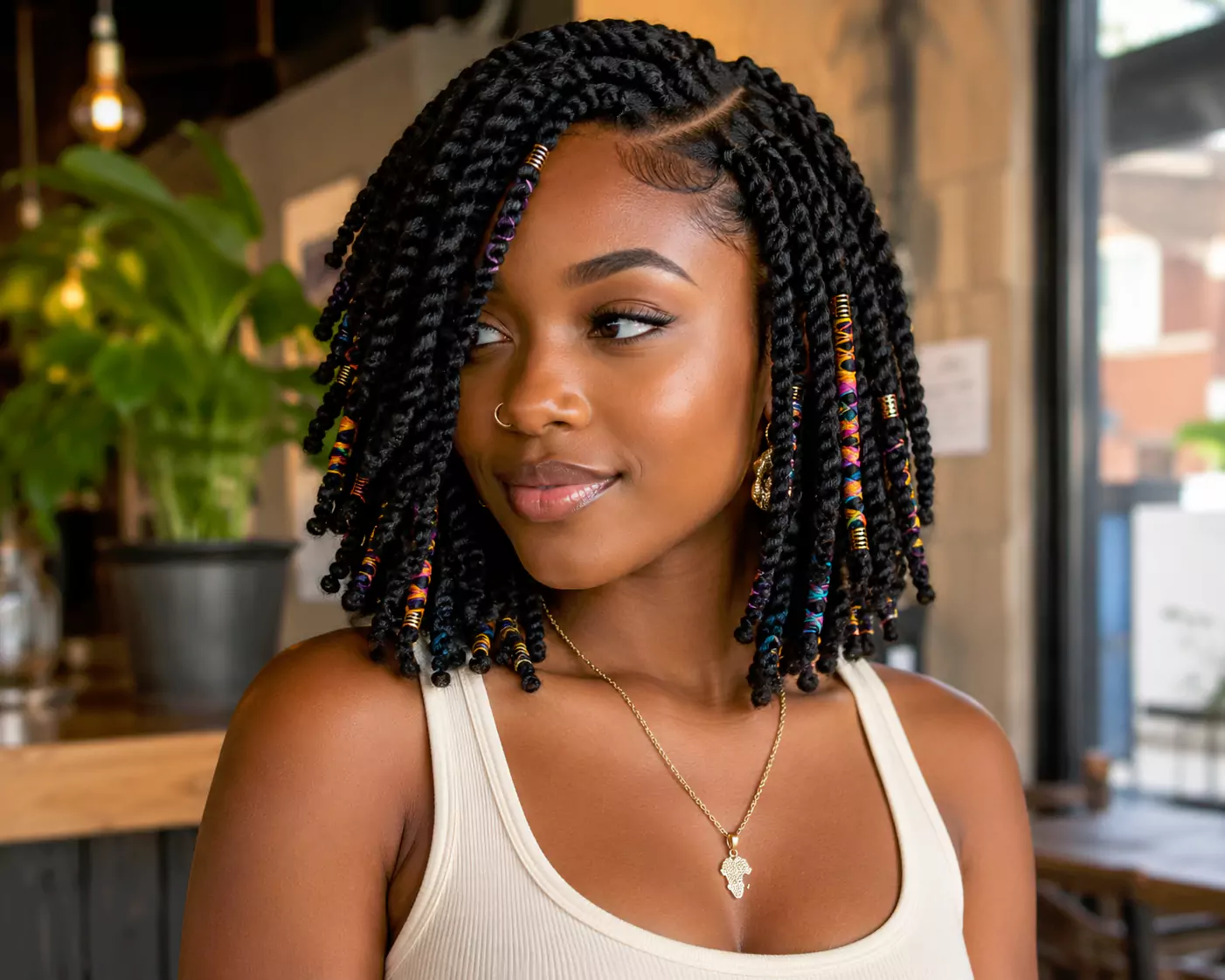 Brazilian wool bob hairstyle with shoulder-length twists and clean side part