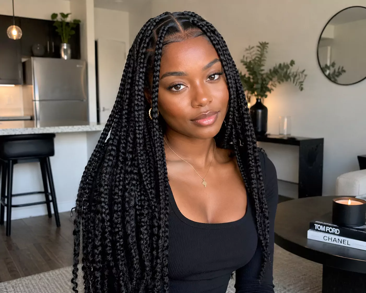 Brazilian wool box braid style with square parts and long textured wool braids