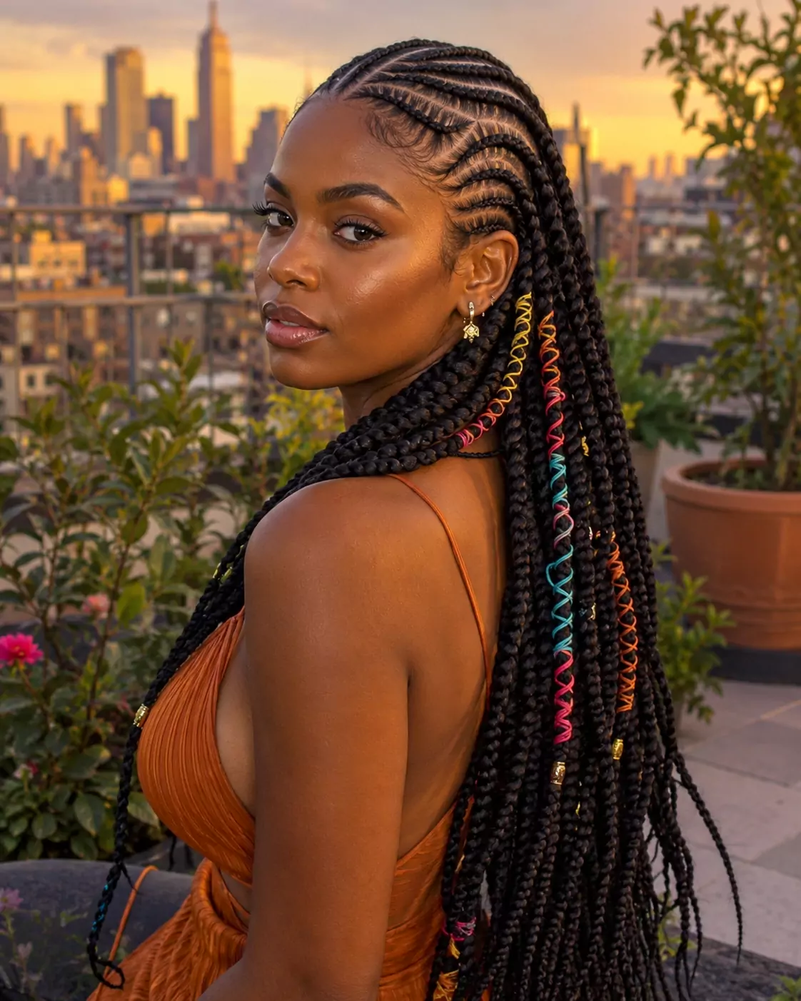 Brazilian wool cornrow hairstyle with curved parting and long wool braid ends