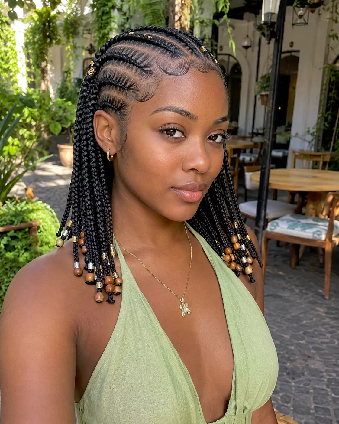 Brazilian wool cornrows with beads and neat protective parting