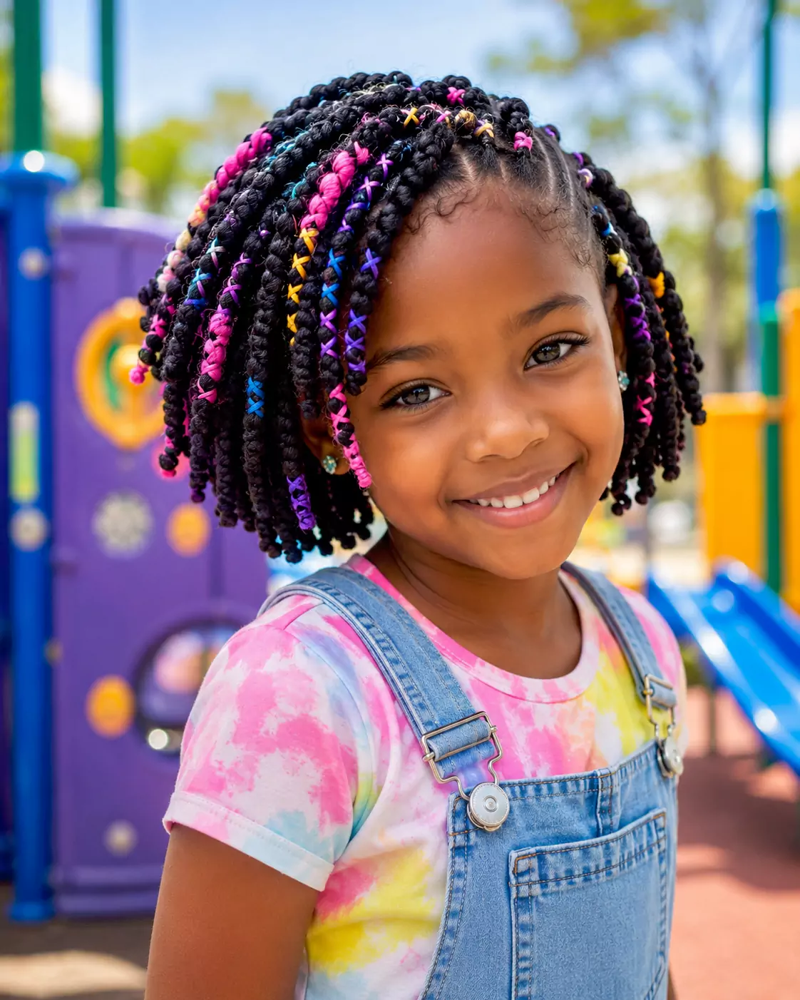 Cute Brazilian wool hairstyle for kids with short twists and colorful wool accents