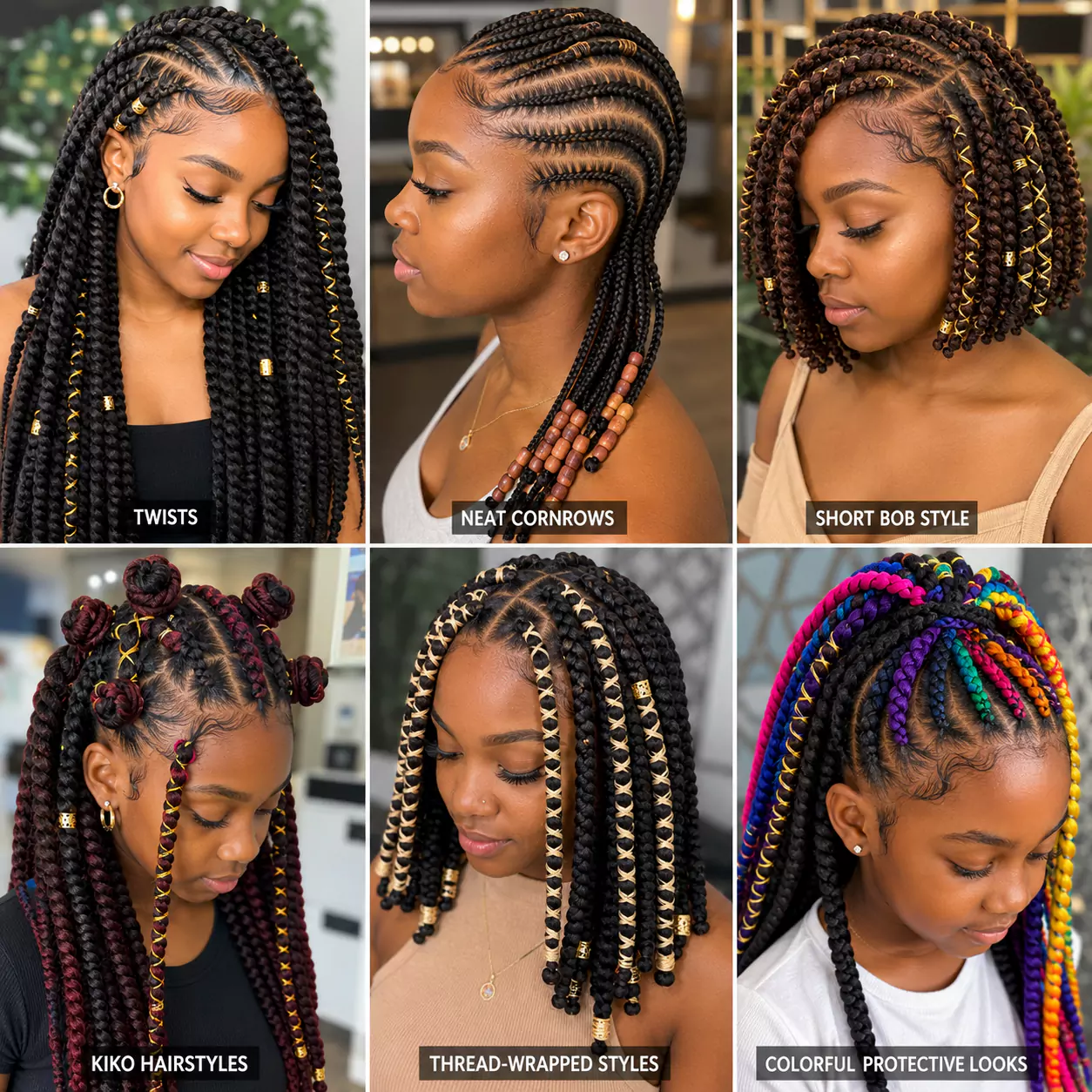 Brazilian wool hairstyles collage featuring twists, cornrows, short bob styles, kiko hairstyles, thread styles, and colorful protective looks
