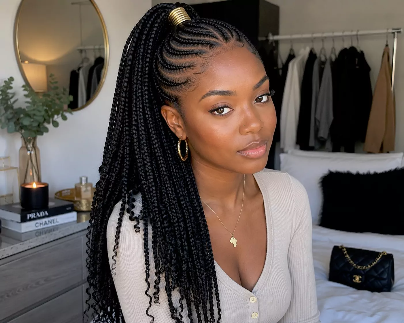 Brazilian wool ponytail with cornrow base and long wool braid ends