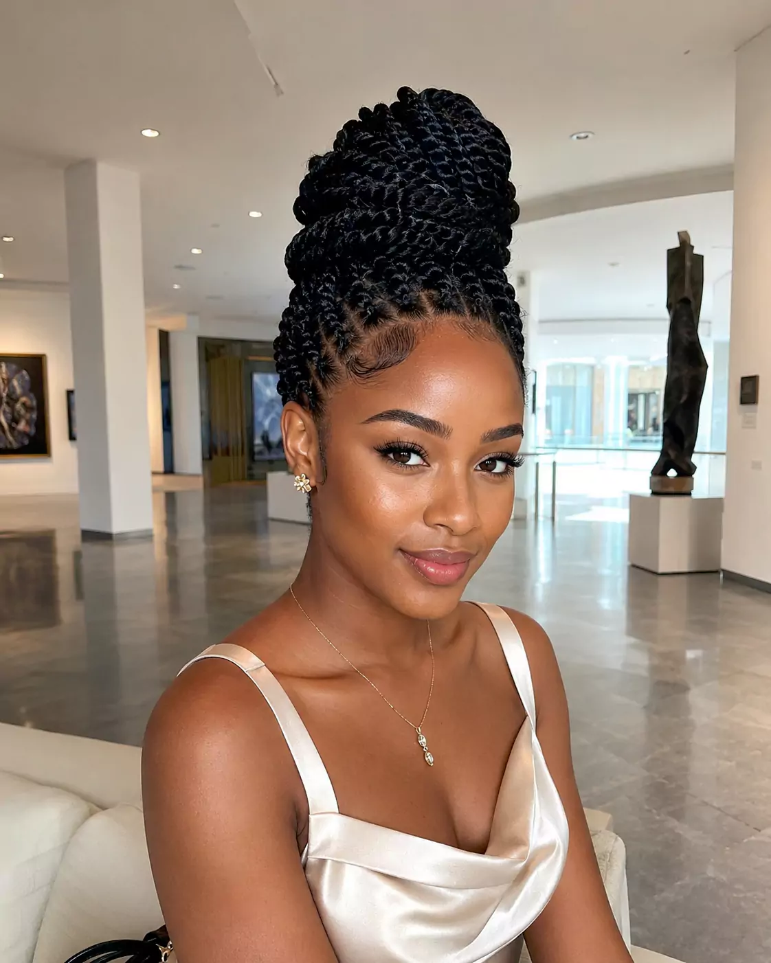 Brazilian wool updo with twisted sections gathered into an elegant bun