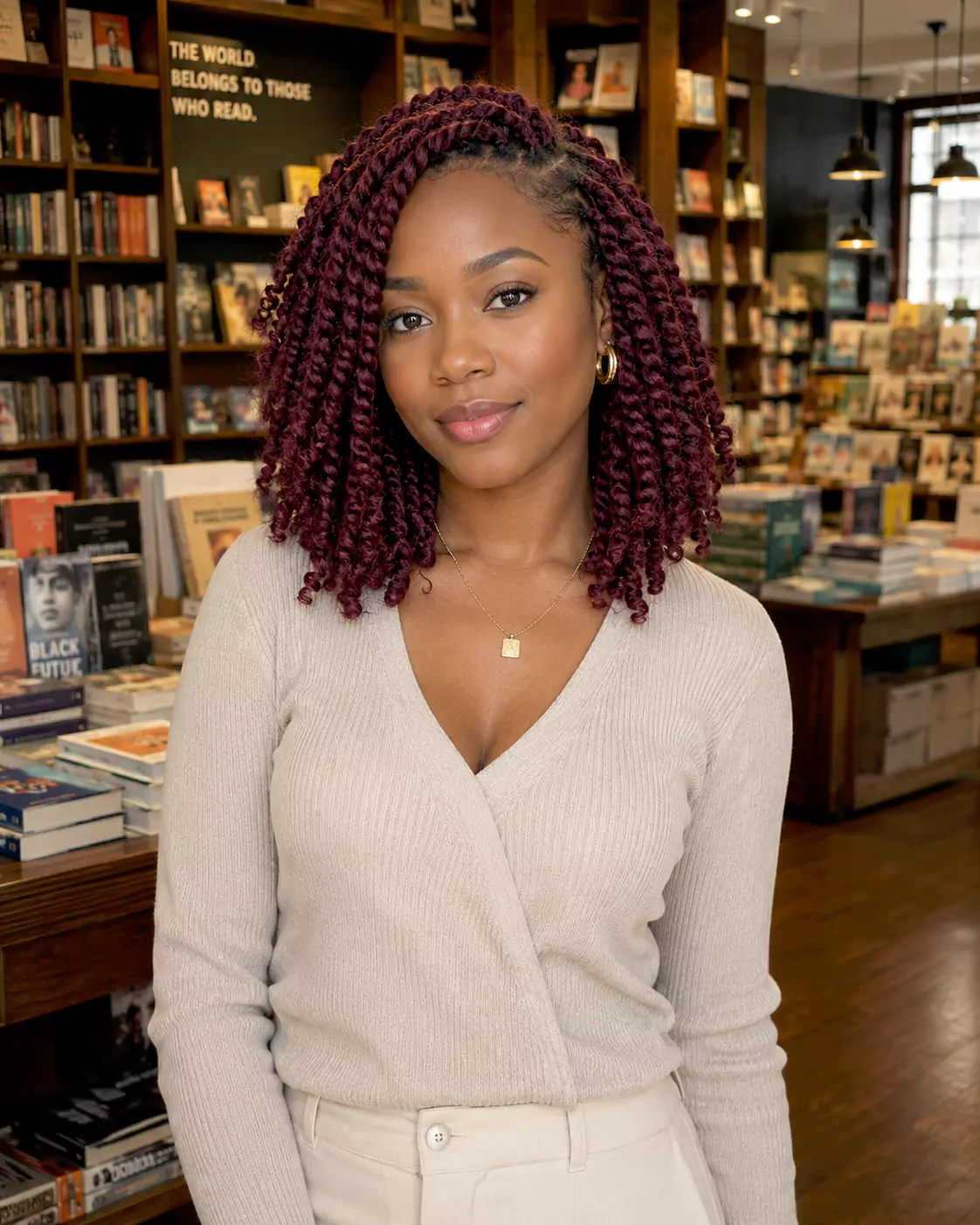 Burgundy Brazilian wool twists with rich red-purple color and shoulder-length shape