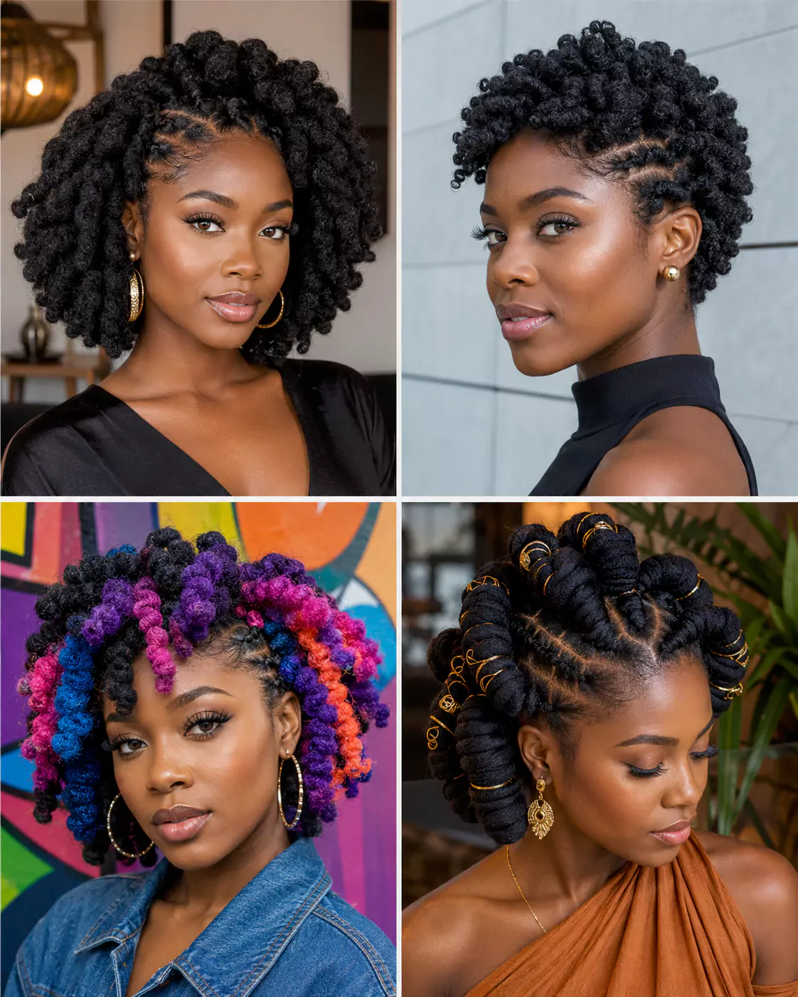 Kiko hairstyles with Brazilian wool showing classic black kiko, short kiko, colorful kiko, and jumbo wrapped sections