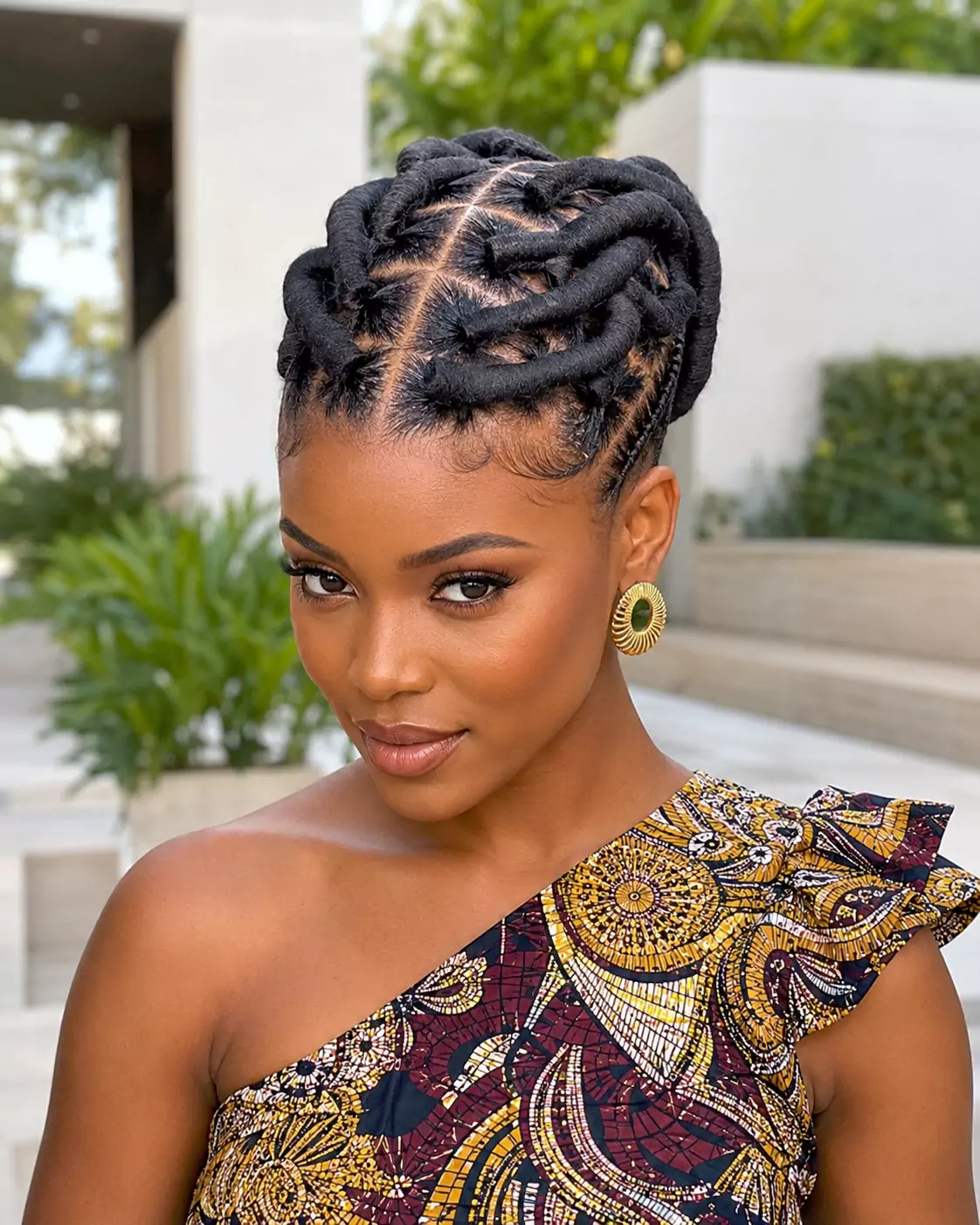 Kiko hairstyle with Brazilian wool featuring wrapped sections and geometric parting