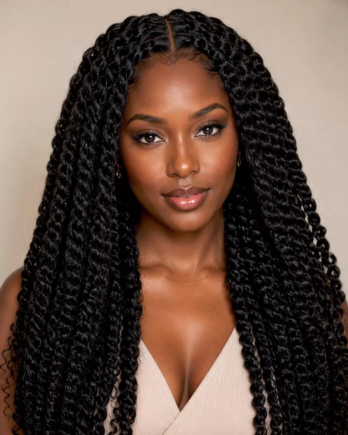 Long Brazilian wool twists on Black woman with center part and full rope-like texture