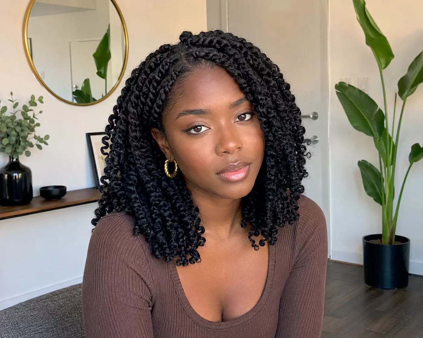Medium Brazilian wool twists with natural black wool and soft shoulder-length volume