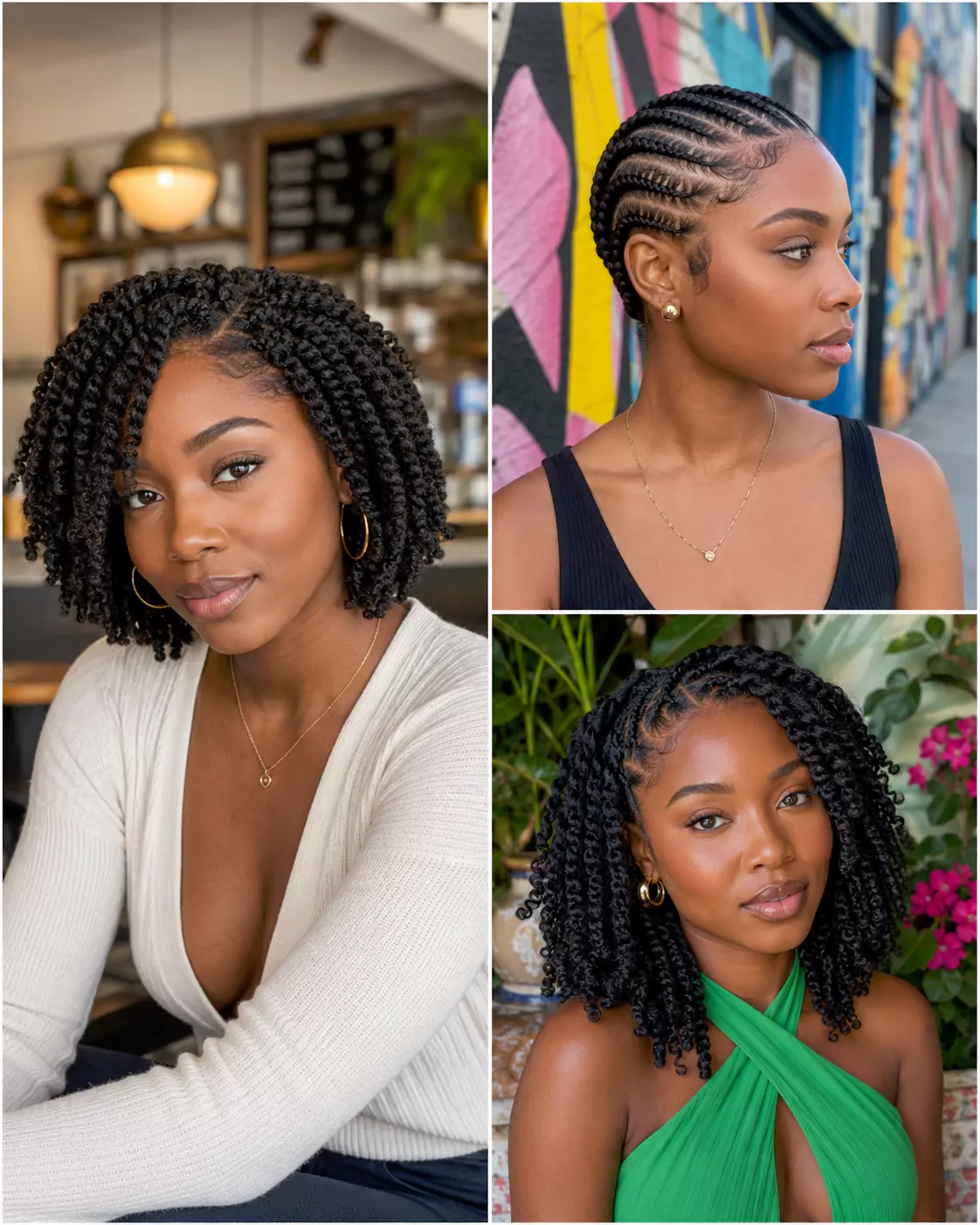 Short Brazilian wool hairstyles collage featuring bob twists, short cornrows, and shoulder-length wool twists