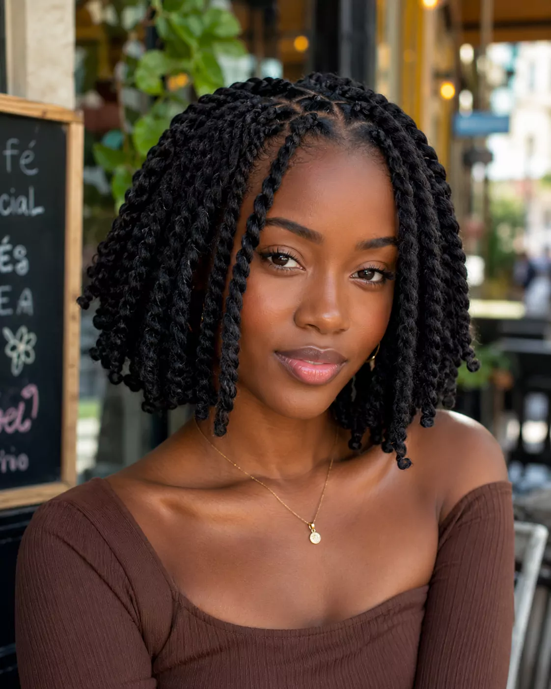 Short Brazilian wool twists with neat parts and face-framing shape