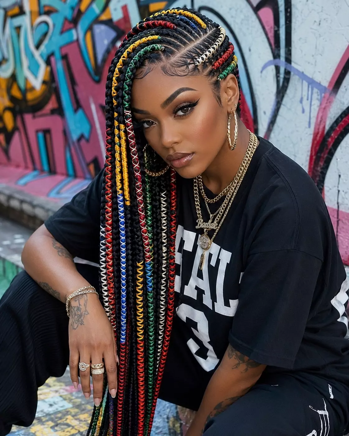 Side-part Brazilian wool cornrow hairstyle with diagonal parting and neat wool extensions