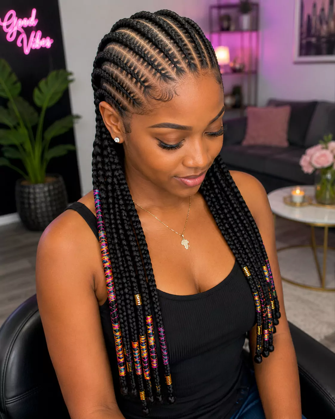 Straight-back Brazilian wool cornrows with neat scalp parting and simple long ends