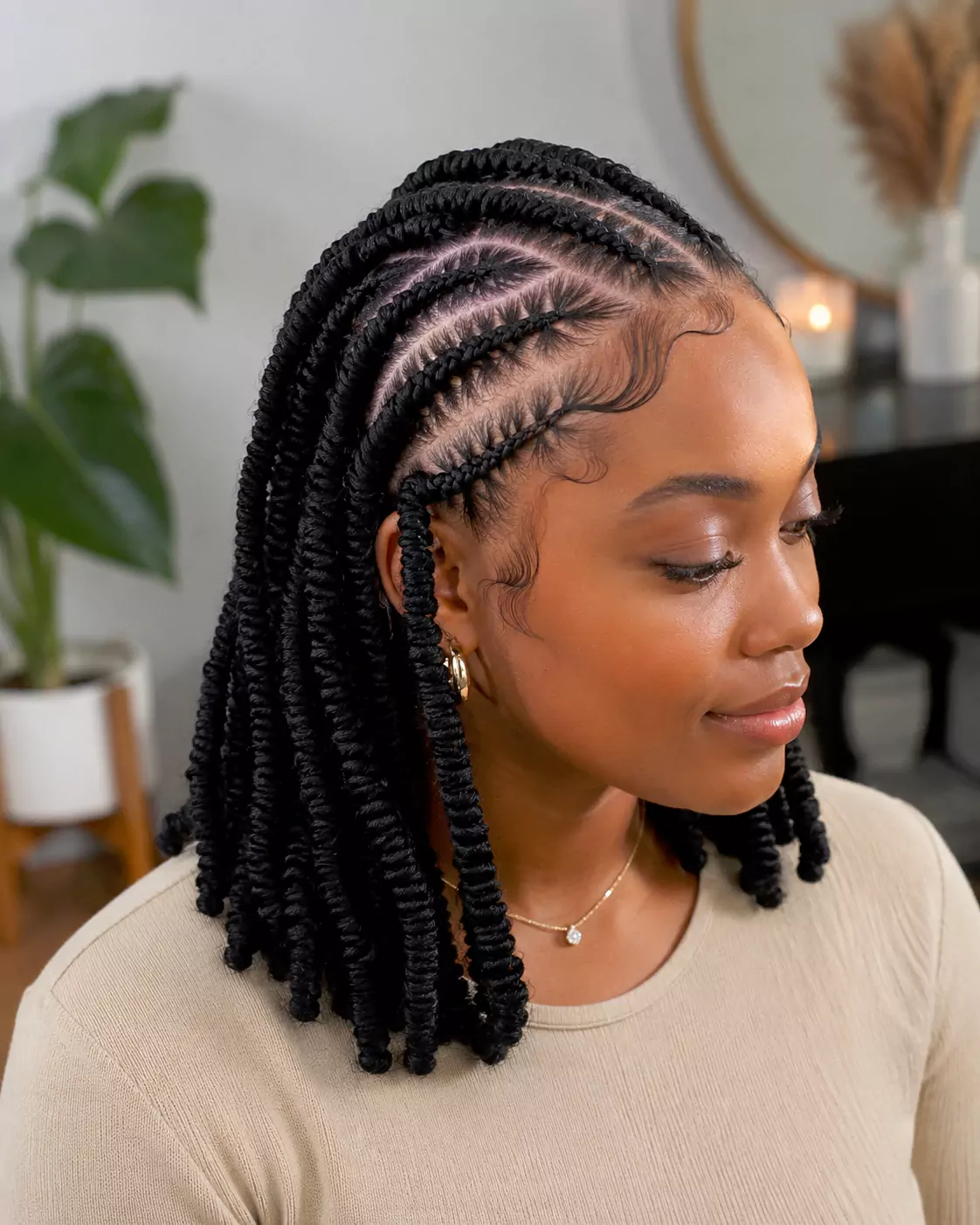 Thread hairstyle with Brazilian wool wrapped around natural hair sections in a clean protective style