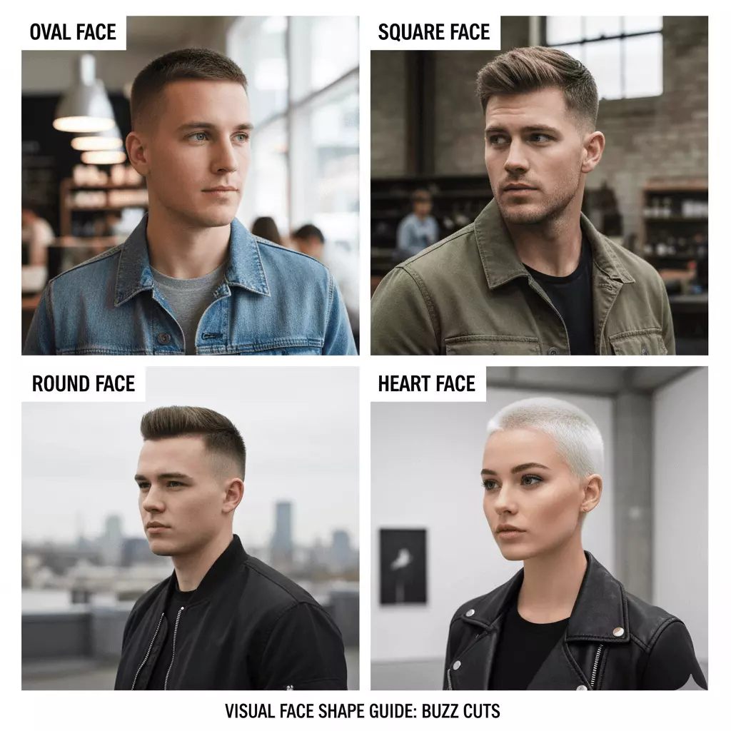 Visual face shape comparison chart with buzz cut examples