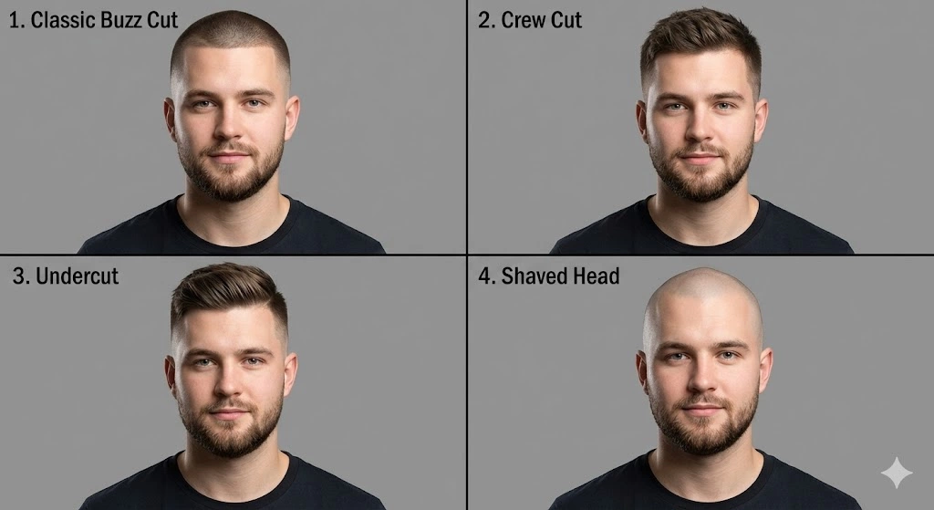 Side-by-side comparison of men's hairstyles: Classic Buzz Cut, Crew Cut, Undercut, and Shaved Head on the same model for easy difference viewing