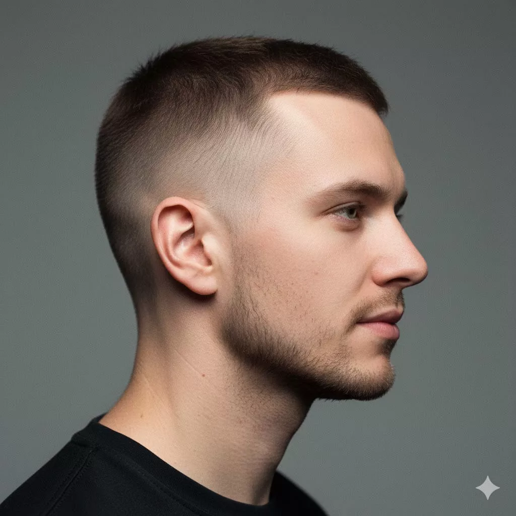 Side profile of young man with #3 buzz cut fade: even short stubble on top, subtle gradual fade on sides, partial stubble beard, professional Rembrandt studio lighting