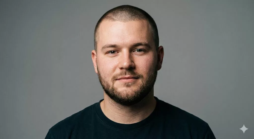 Professional studio portrait of young man with clean uniform all-over buzz cut, subtle high fade on sides, short beard, sharp vertical definition for round face