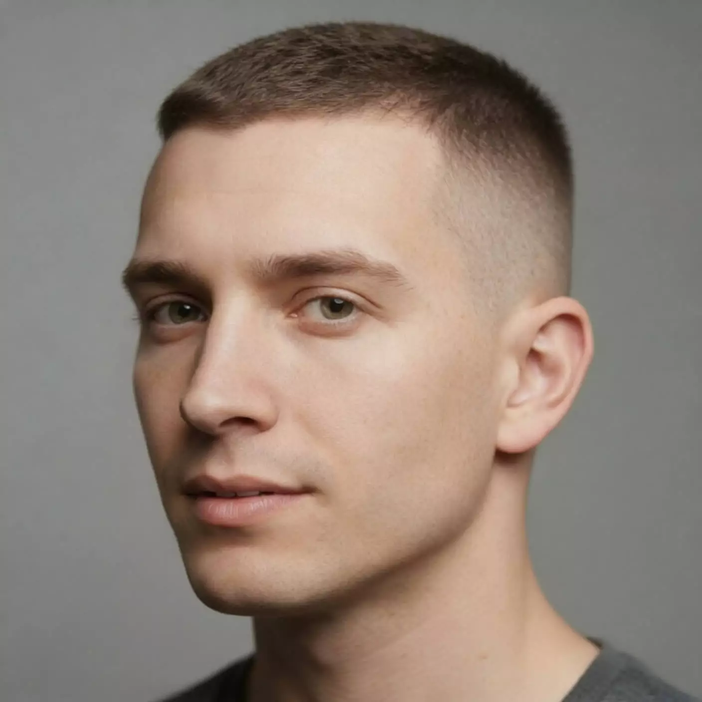 Man with heart-shaped face wearing a soft line-up buzz cut, natural hairline and smooth blend.