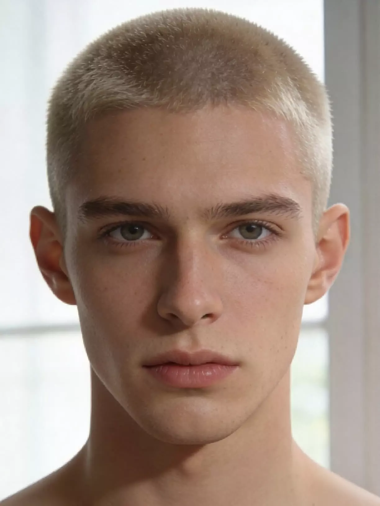 Man with oblong face wearing medium-length buzz cut #6, subtle texture and balanced proportions, natural lighting.