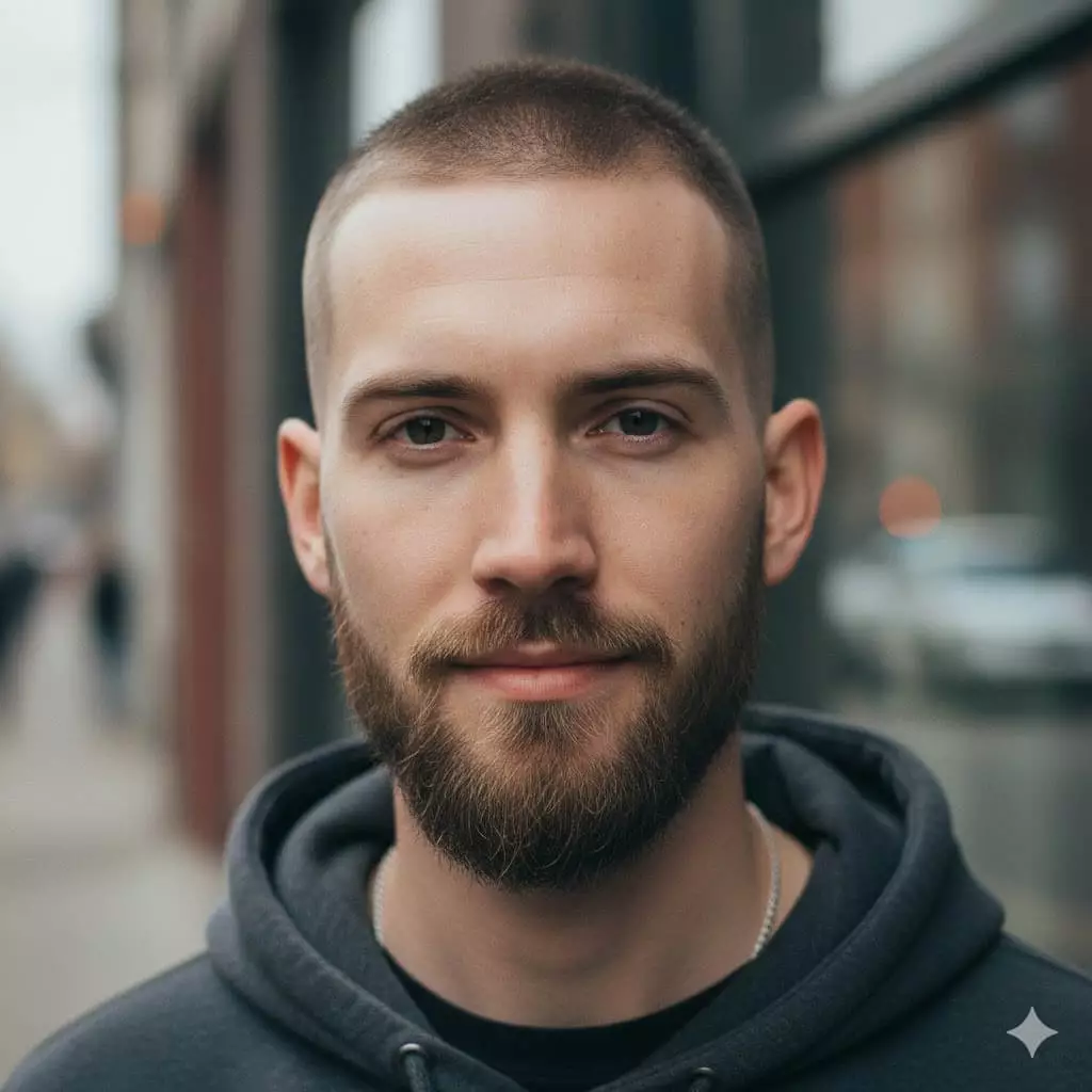 Confident man with long face, buzz cut with mid fade paired with structured beard, balanced jawline, urban style.