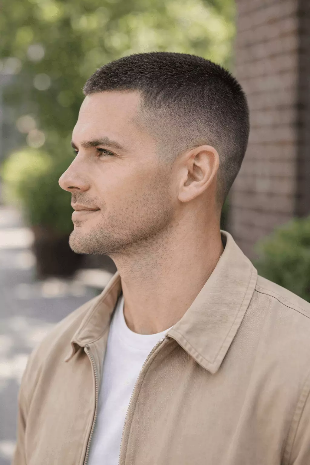Person with long oblong face shape and #4 textured buzz cut top, side view showing added width and balanced proportions