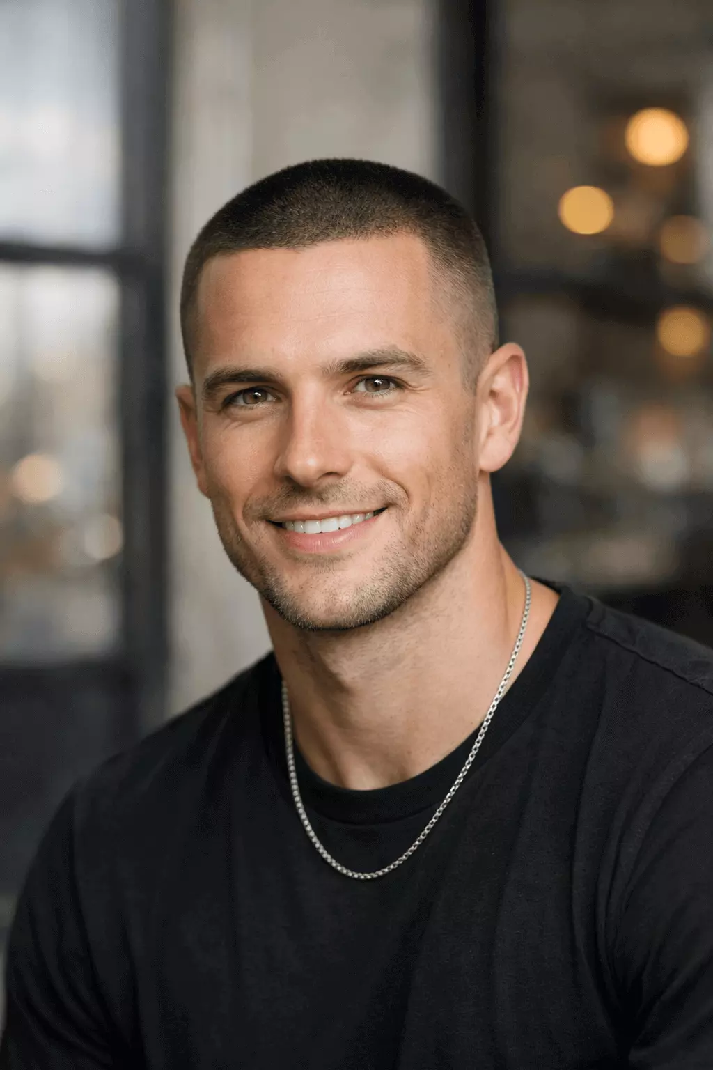 Person with oval face shape wearing a classic #2 even buzz cut