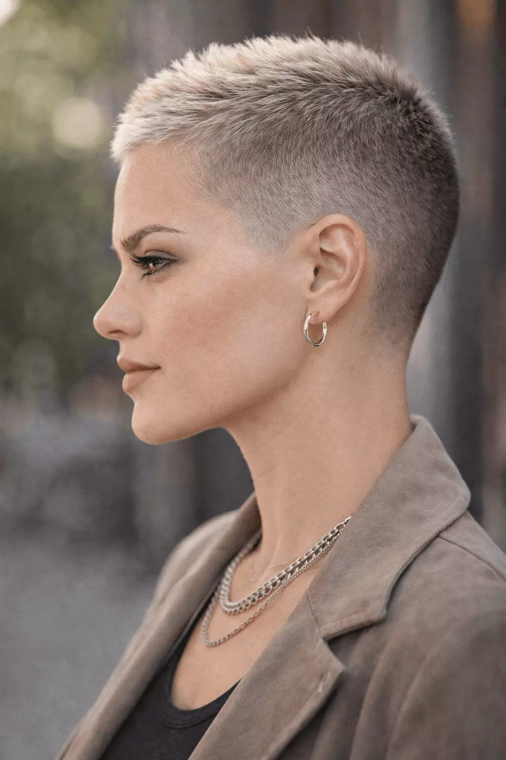 Person with round face shape and high mid fade buzz cut, textured longer top adding height, side profile view showing elongation effect,