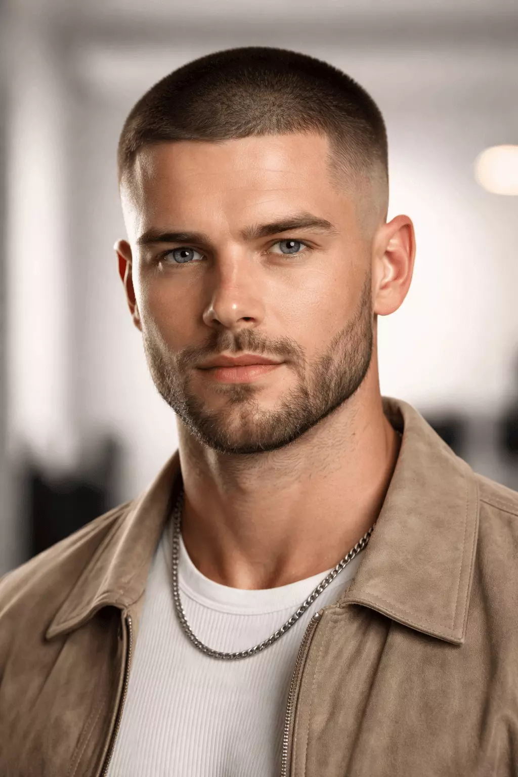 Person with square face shape wearing low fade buzz cut and short beard