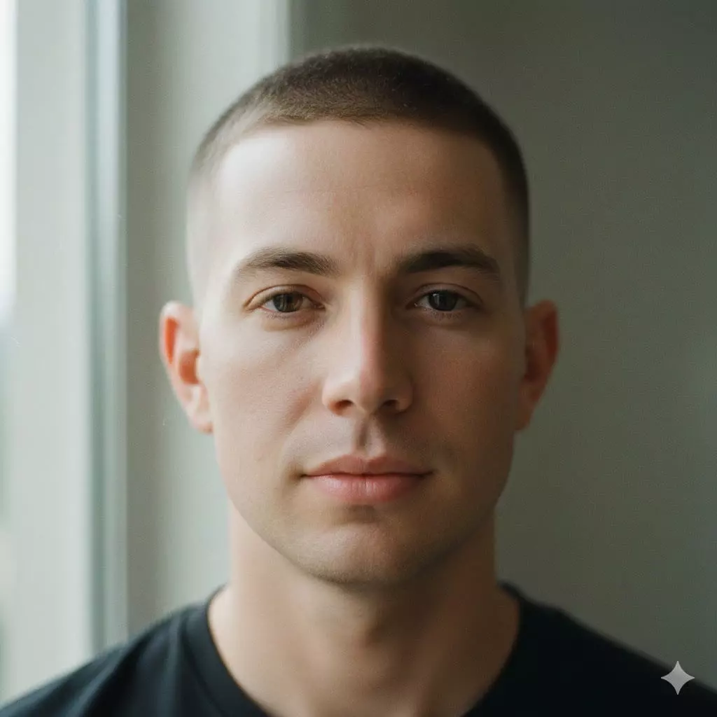 Man with square face wearing a mid-fade buzz cut, #4 top length, softened transitions, balanced proportions.