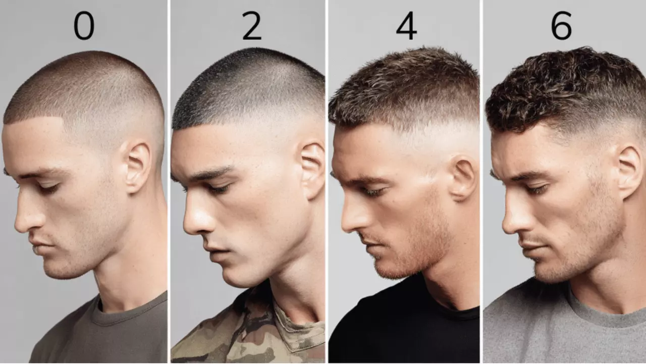 Buzz cut length comparison on square face, showing #2 to #6 guard differences.