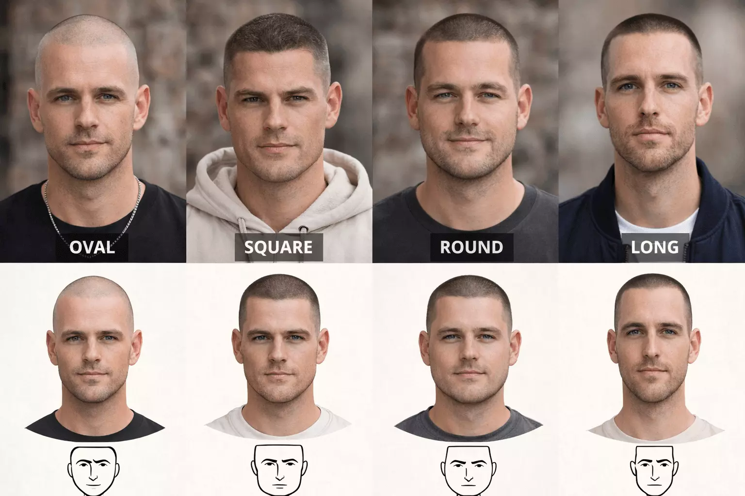 Face shape diagram showing how #0–#1 buzz cut affects oval, square, round, and long faces.
