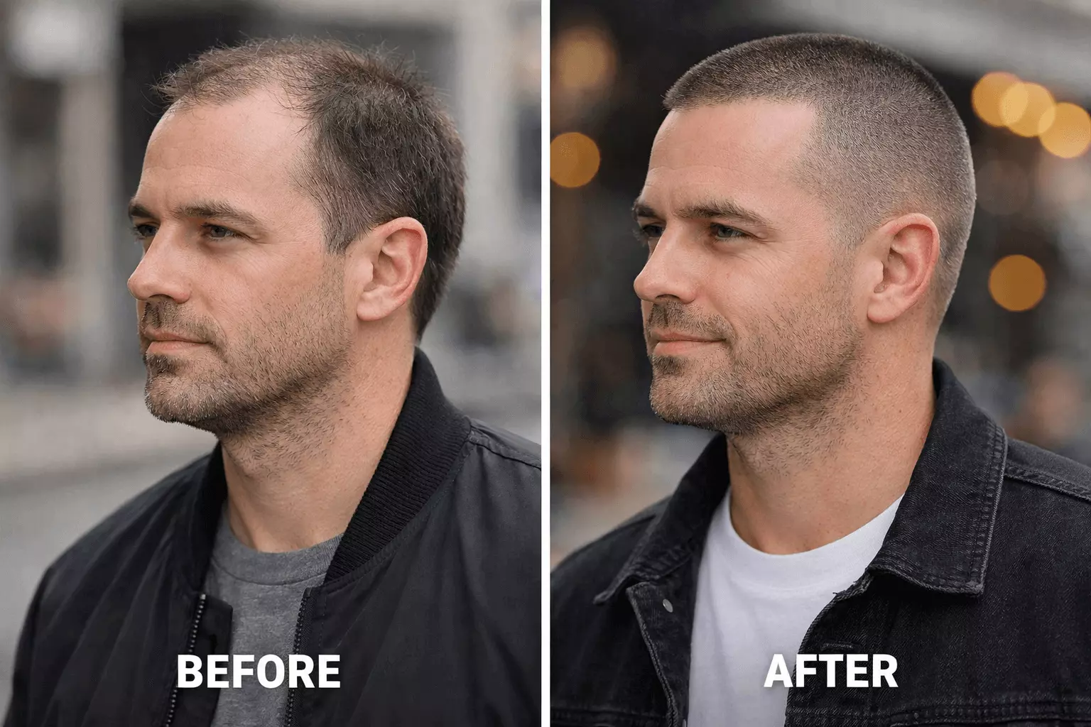 Man with thinning hair before and after #1 buzz cut, clean uniform look reduces appearance of hair loss.