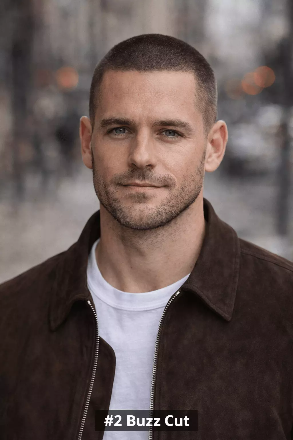 Confident man with #2 buzz cut paired with short beard, balanced proportions, urban lifestyle look.