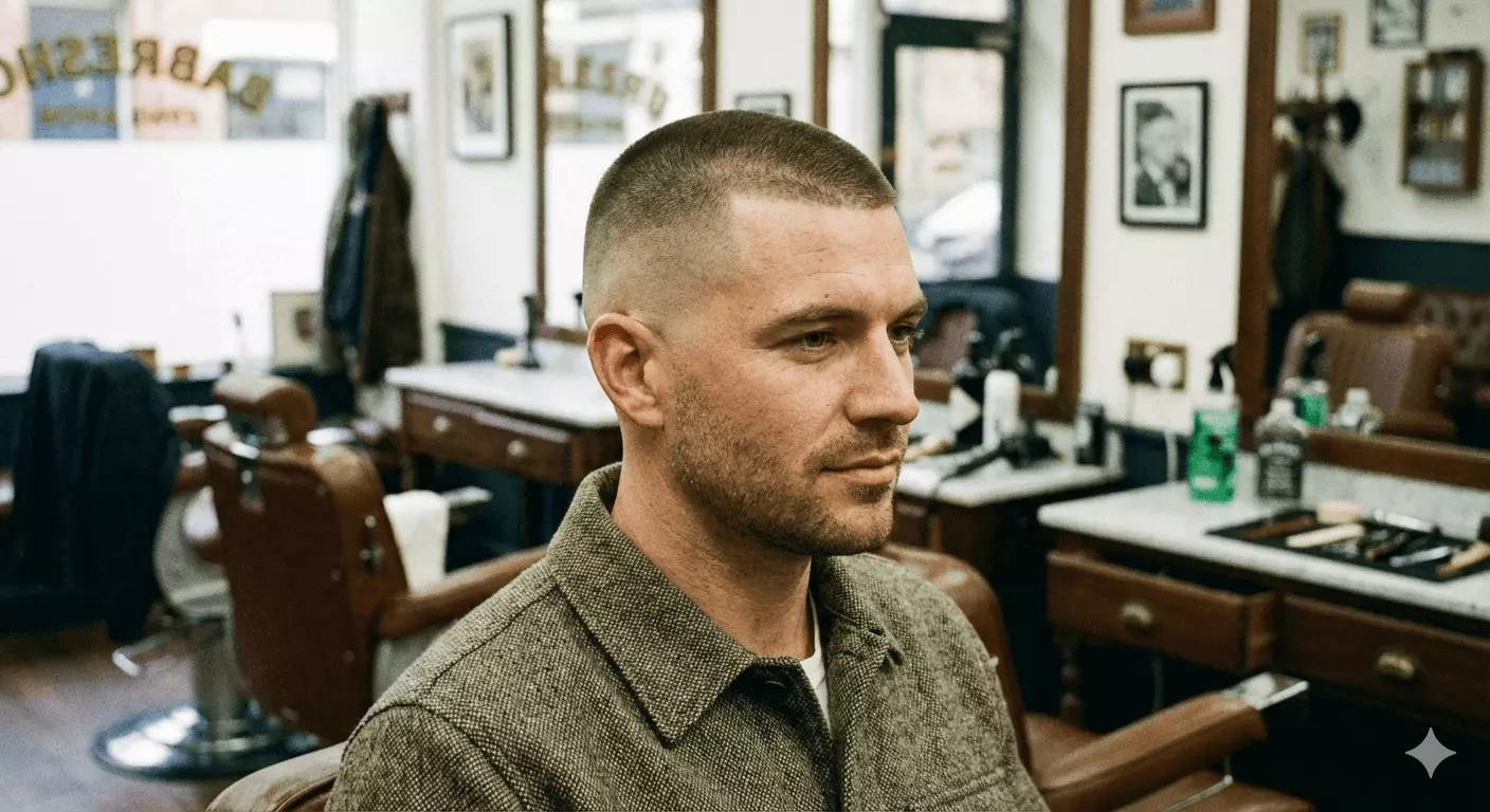 Man with #4 buzz cut and mid fade, smooth side transition, clean professional side profile.
