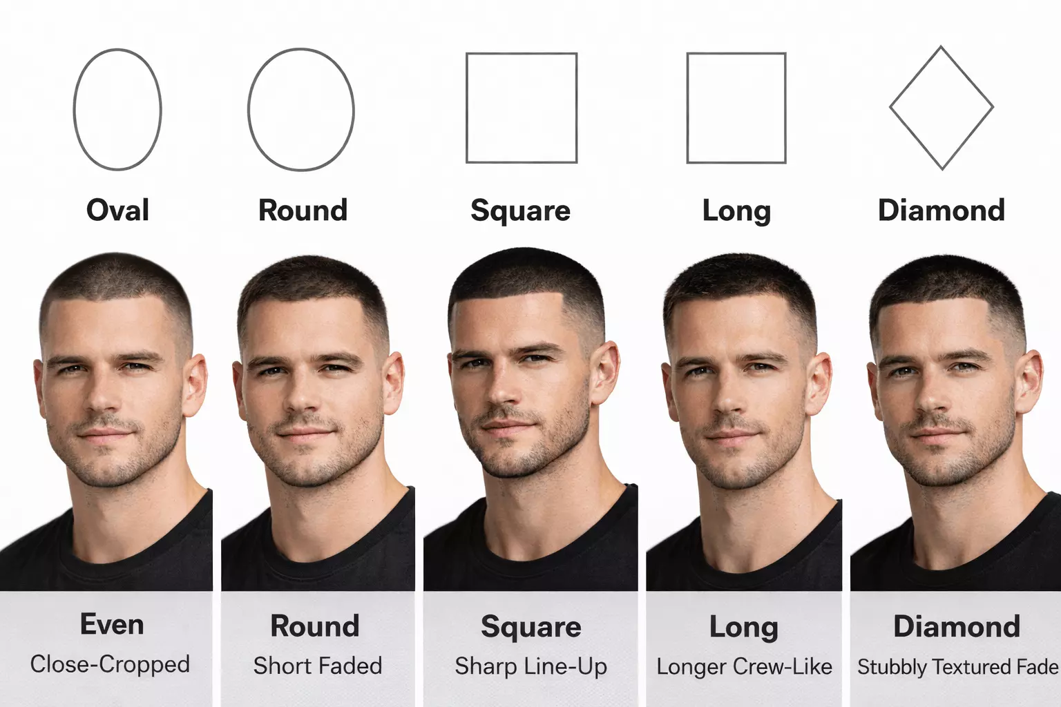 Infographic-style comparison of five men's face shapes (oval, round, square, long, diamond) each wearing a suitable buzz cut variation