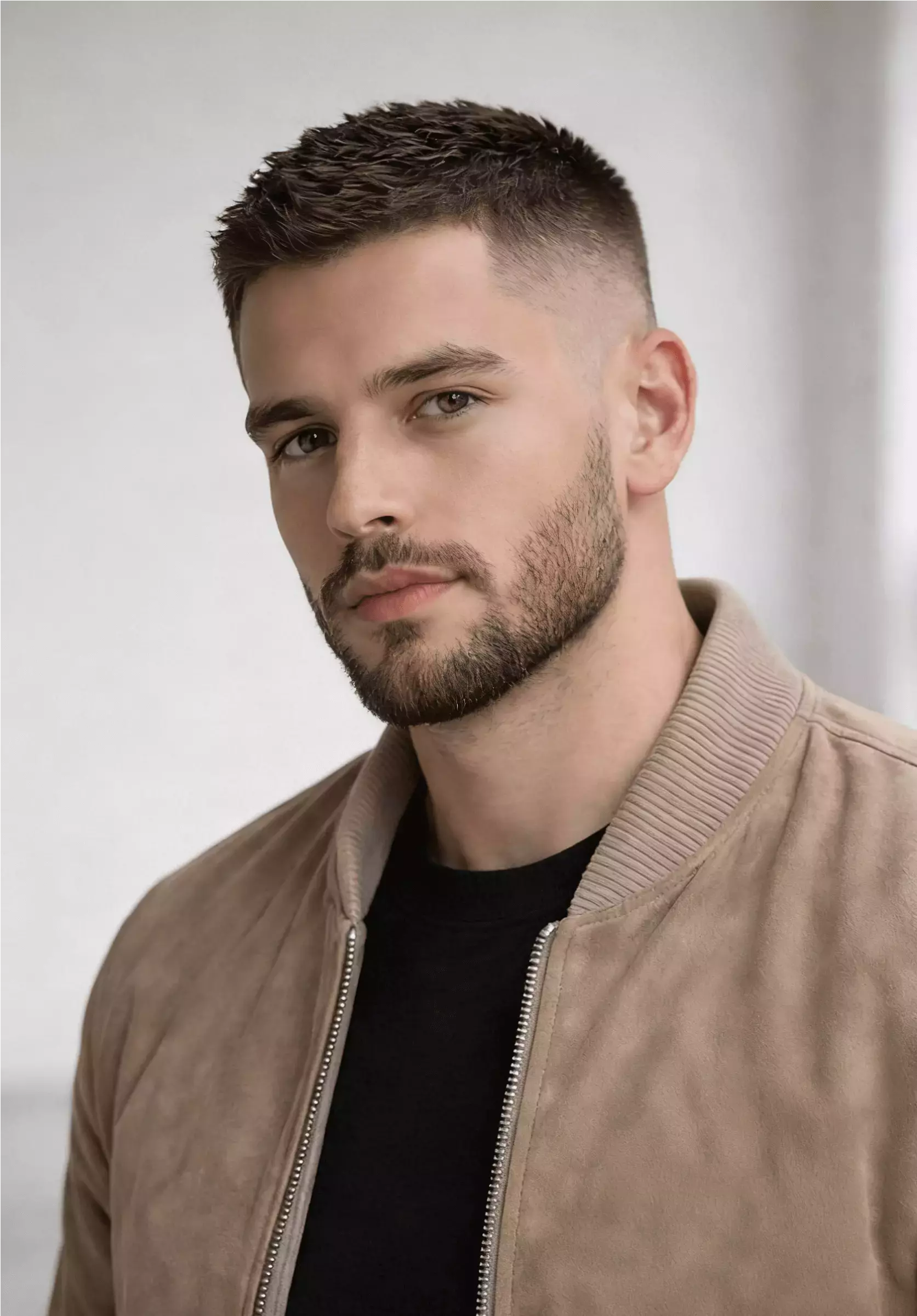 Crew cut with short boxed beard, strong jawline, mature balanced look.
