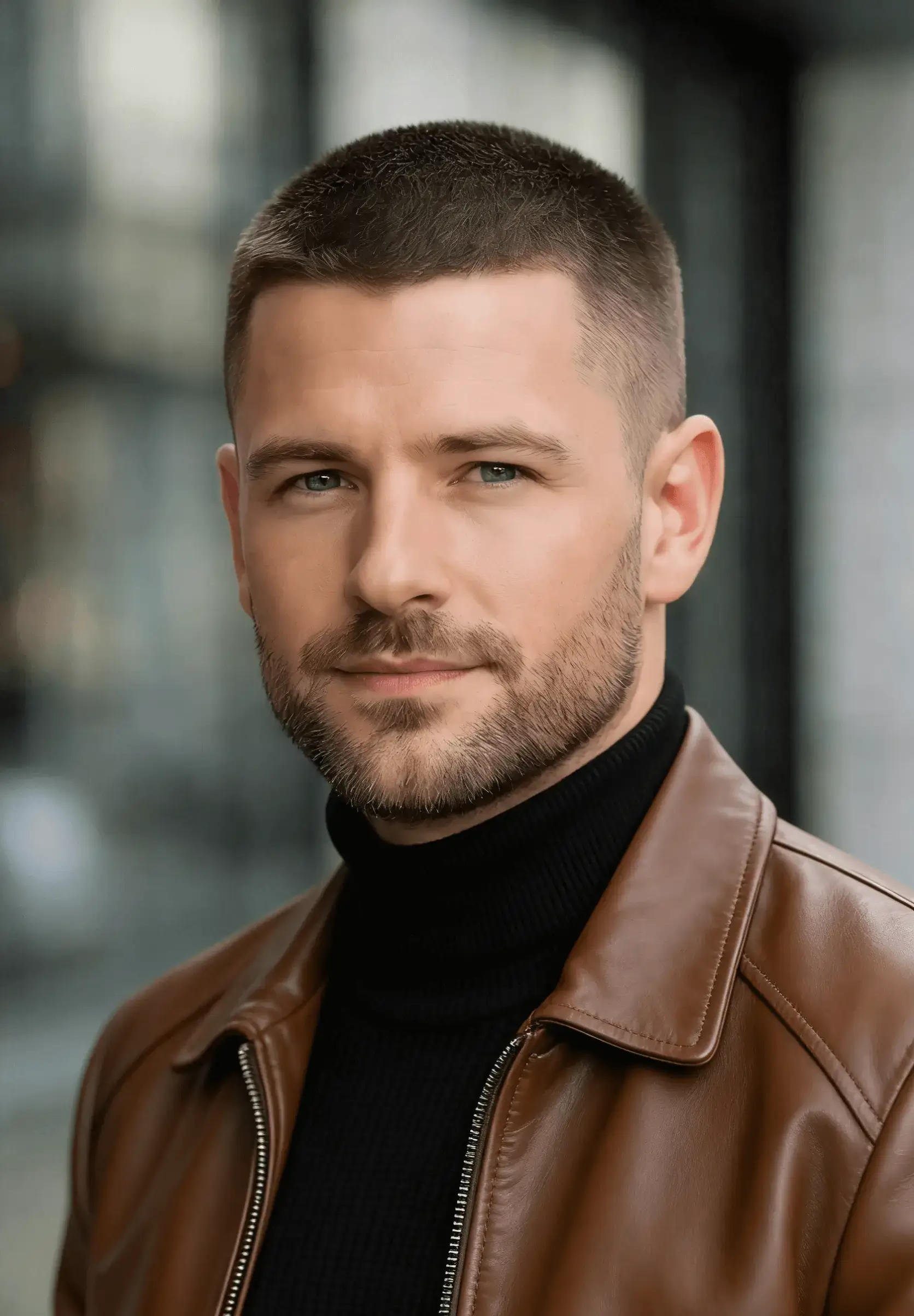 Buzz cut fade with short beard, balanced proportions, masculine contrast.
