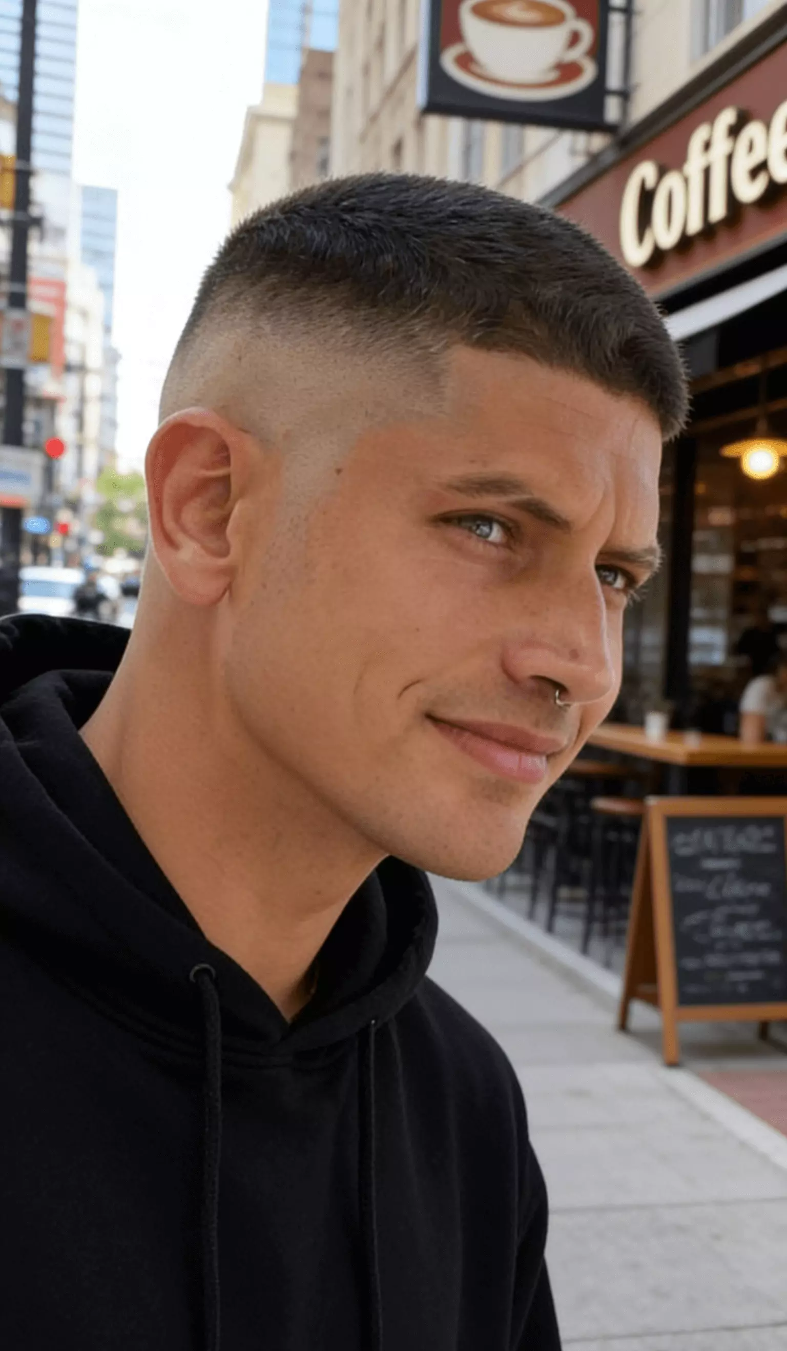 High fade buzz cut with short top, aggressive contrast, sharp modern profile.