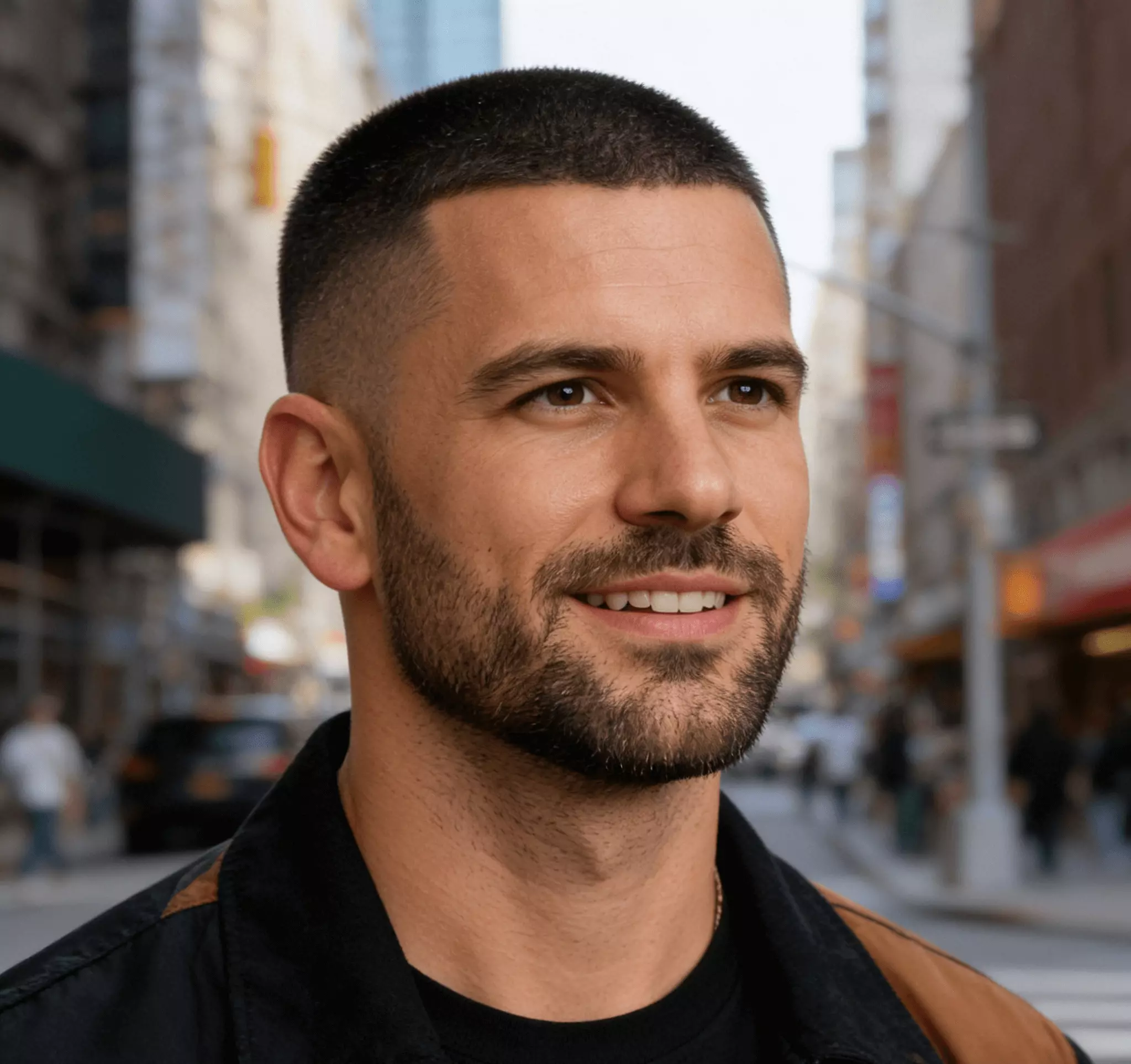 Man with mid fade buzz cut and beard, modern gradient sides, balanced masculine proportions.