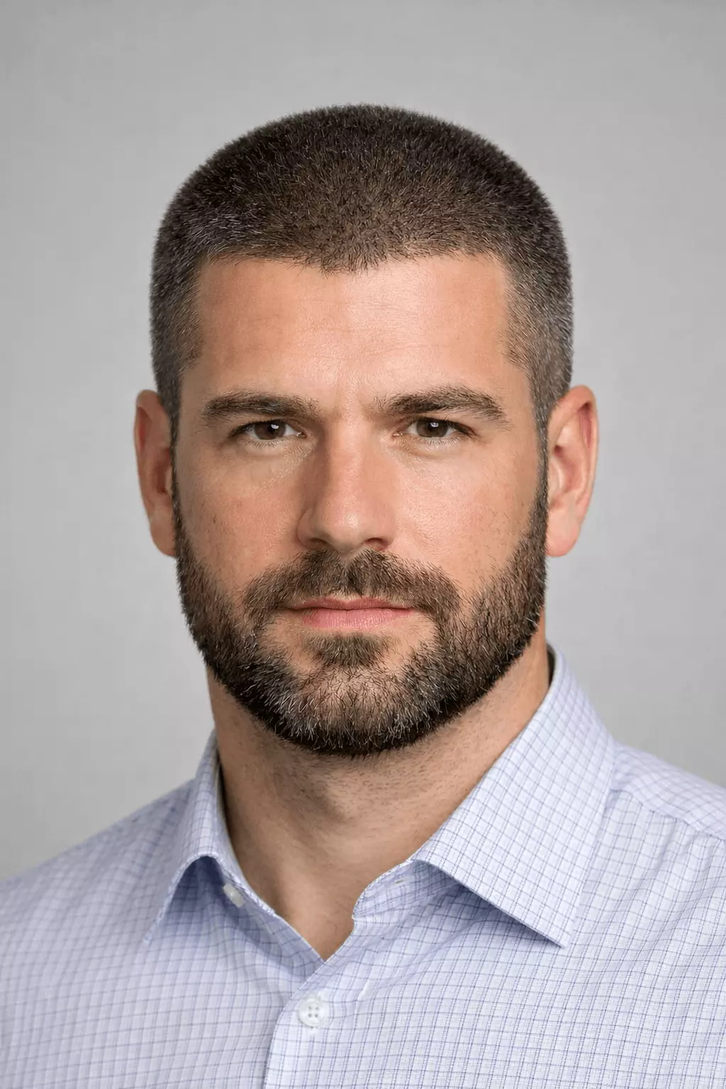 Man with longer buzz cut (#6–#7) and full short beard, textured top, mature confident look.