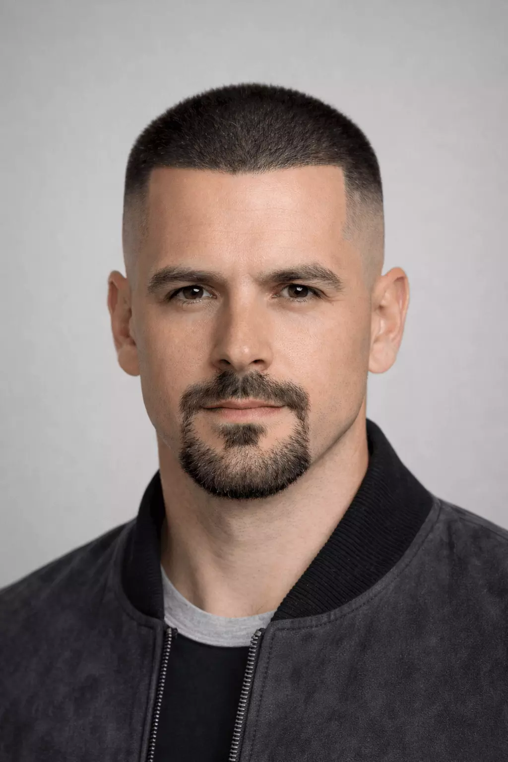 Man with high fade buzz cut and goatee beard, narrow chin balance, high-contrast masculine look.
