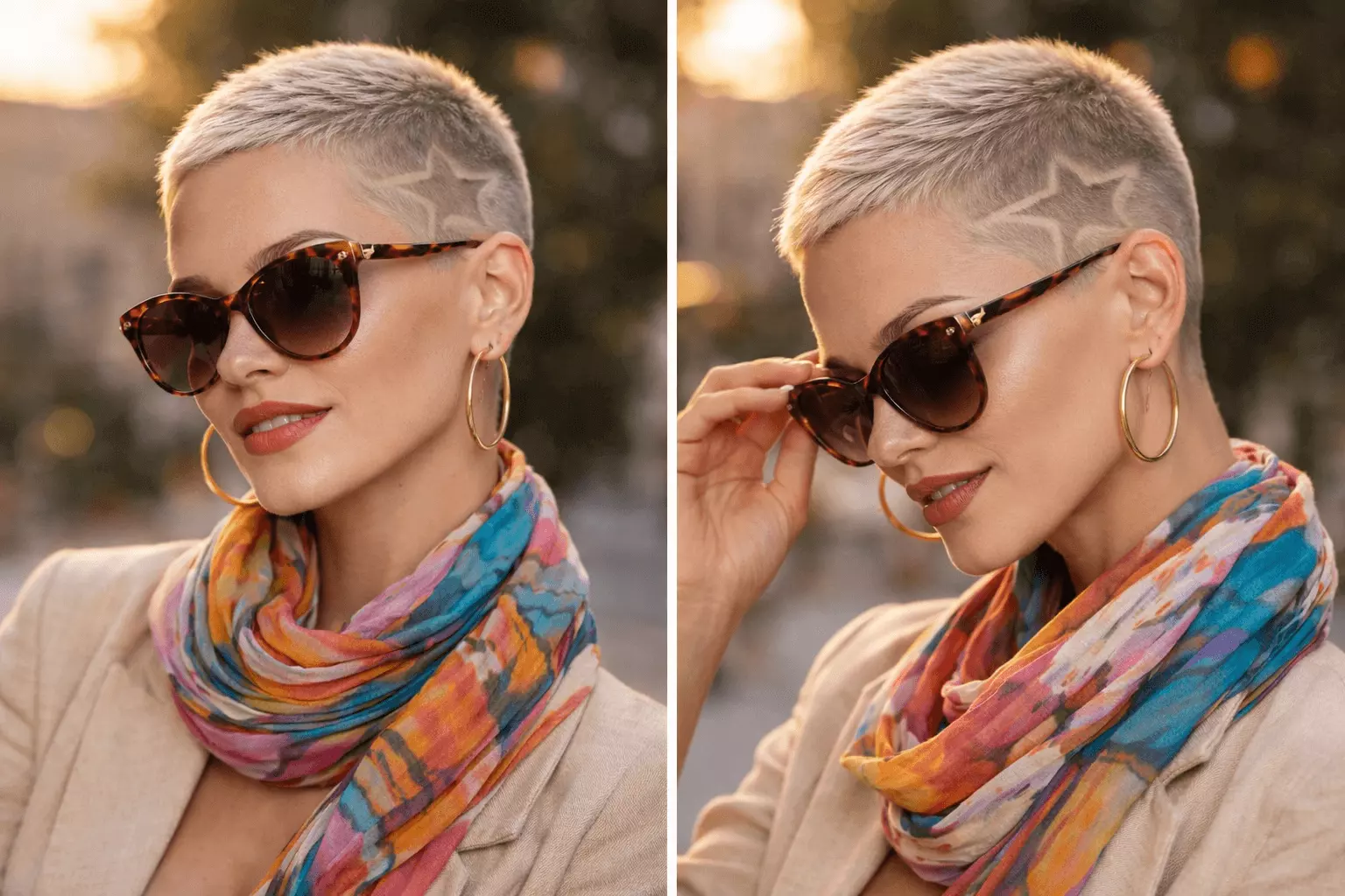 Creative woman with textured women's buzz cut, subtle shaved star design on side, wearing oversized sunglasses and colorful scarf